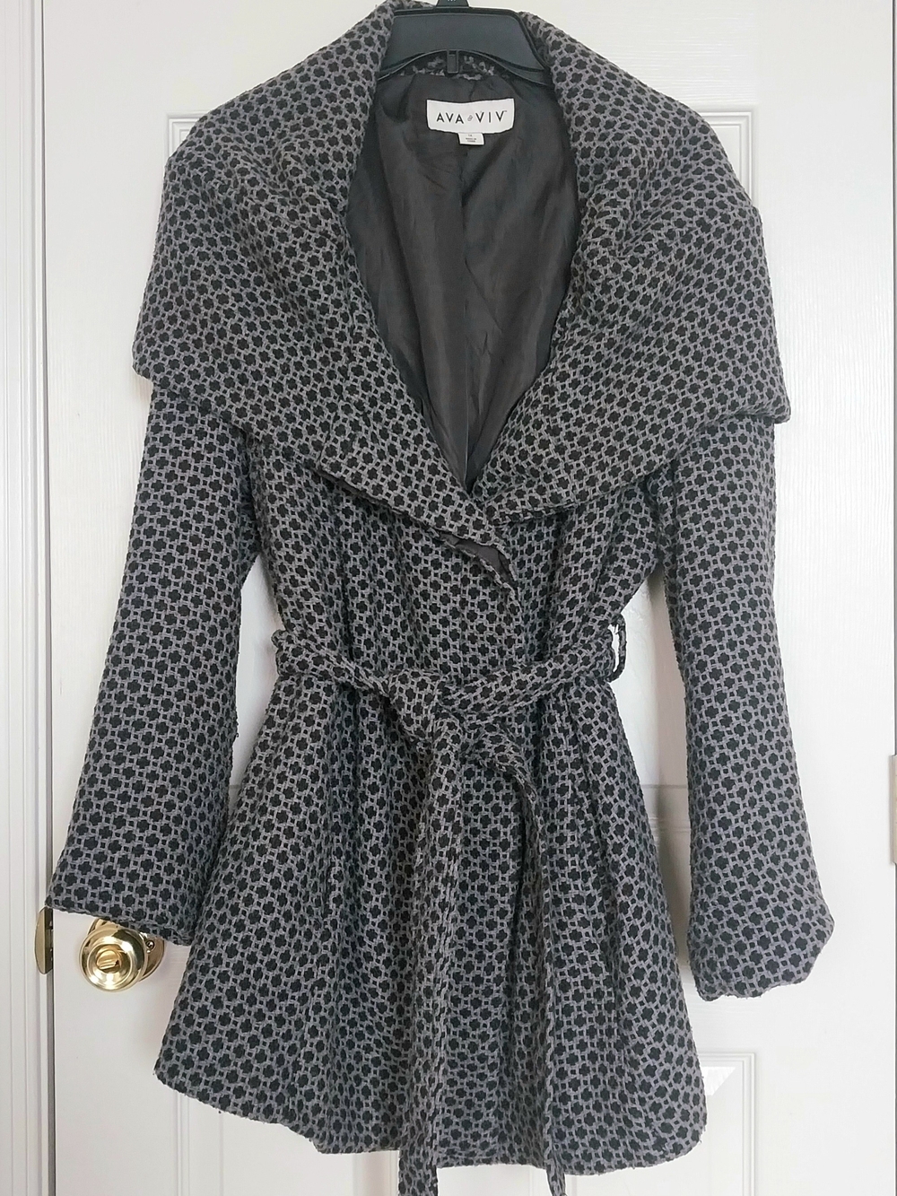 Ava & Viv Wide Collar Belted Wrap Coat Gray Black Geometric Pattern Size 1X